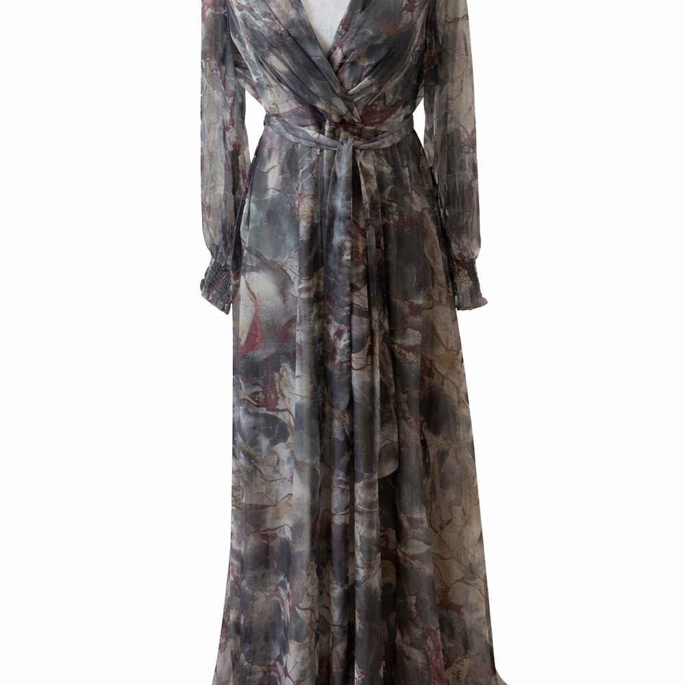 Toleen Sheer Abstract Print Maxi Dress Smocked Cuffs Tie Waist M